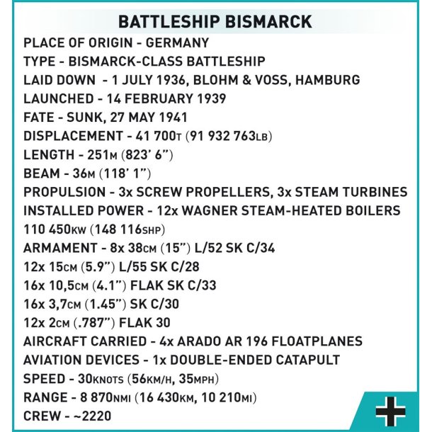COBI Byggeklodser WW2 Battleship Bismarck - 2789 Klodser